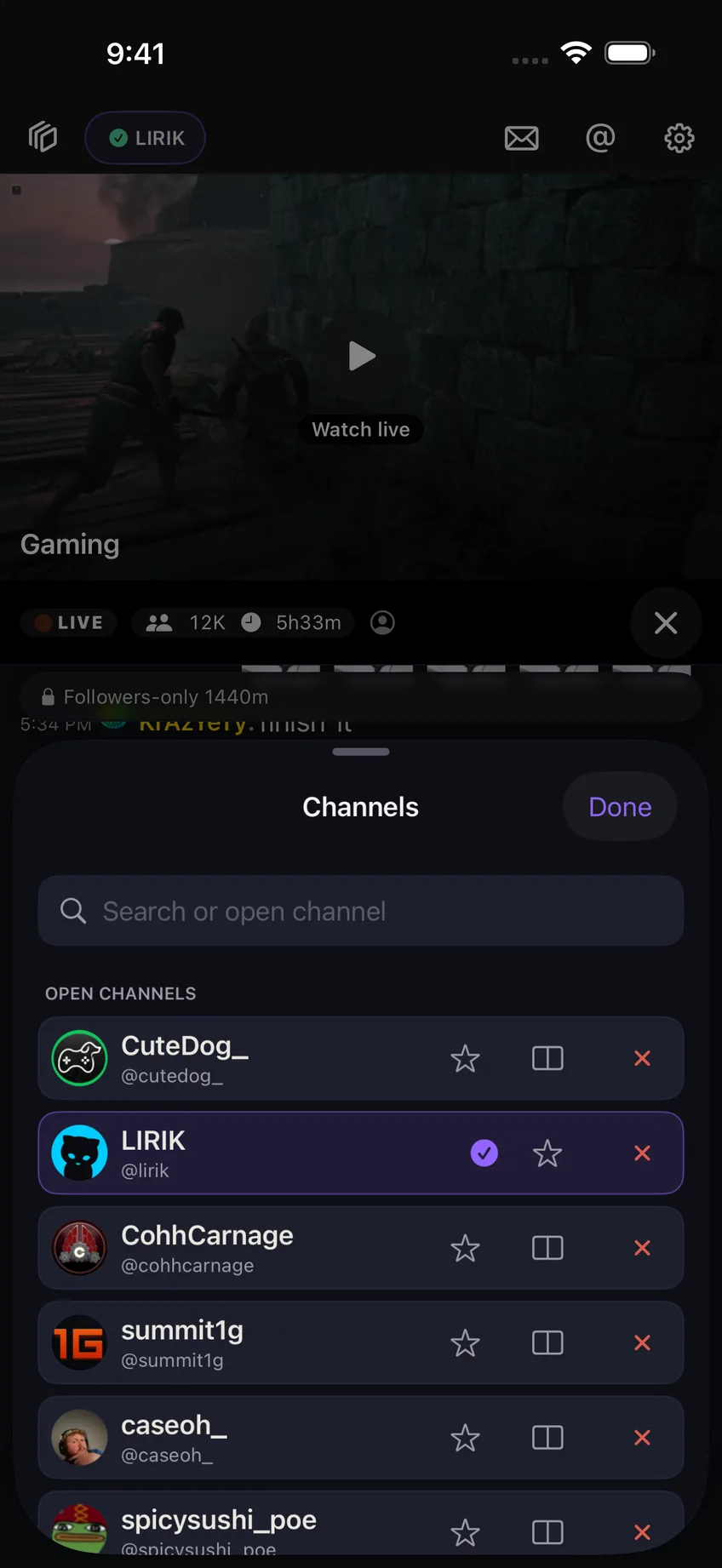 The Limerino channel switcher listing open Twitch channels with favorites and split view controls