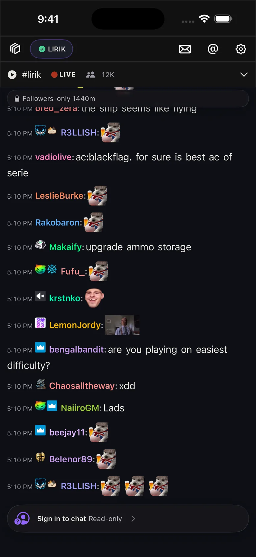 Limerino showing a busy live Twitch chat with colored usernames, badges, and animated emotes