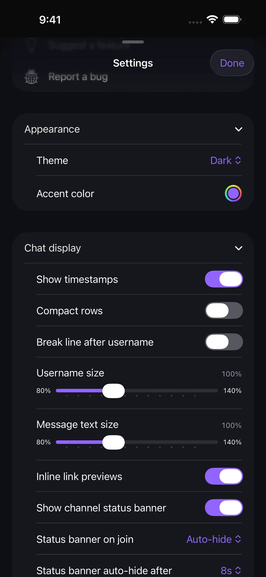 Limerino appearance settings with theme, accent color, and chat display controls