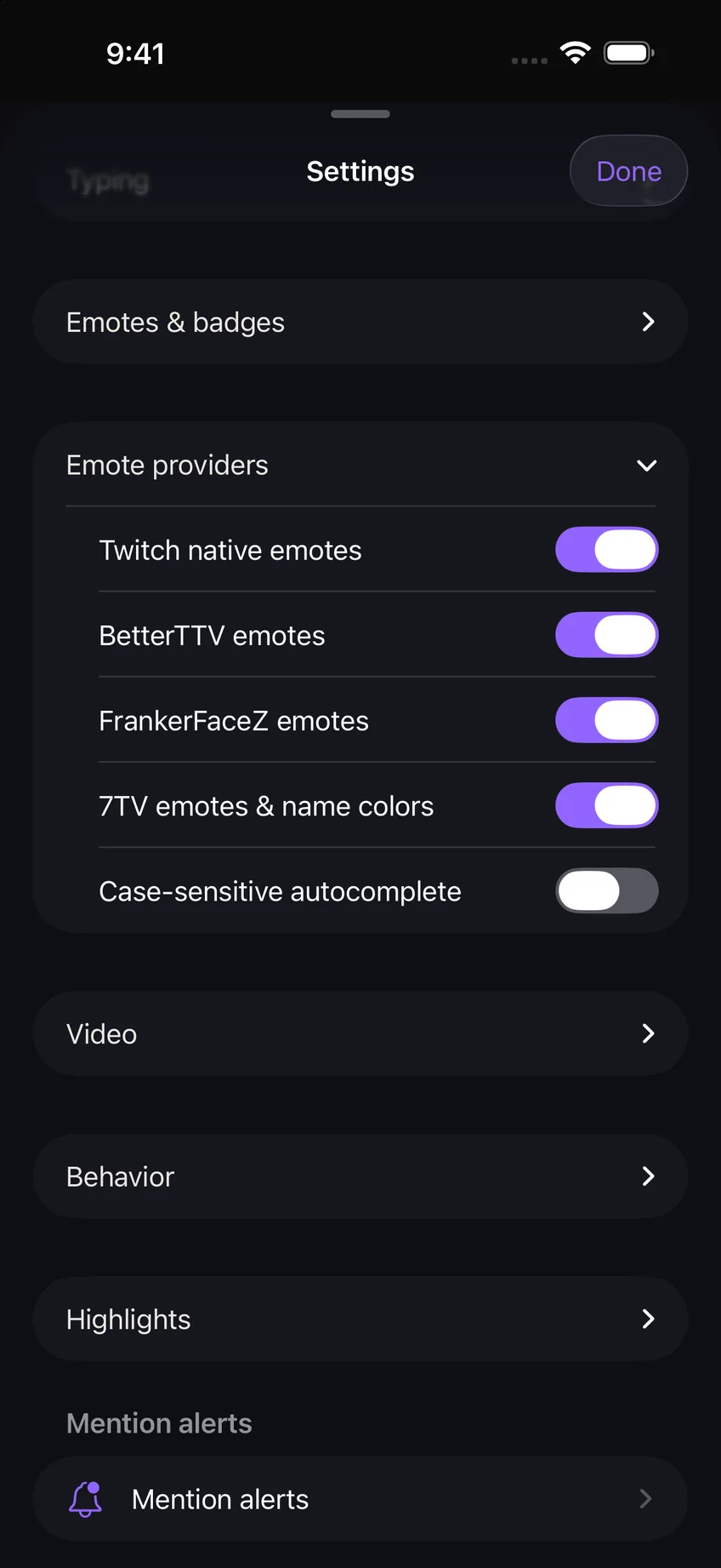 Limerino settings showing switches for Twitch, BetterTTV, FrankerFaceZ, and 7TV emotes