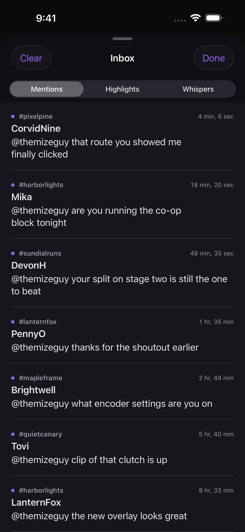 The Limerino mentions inbox listing recent mentions by channel with relative timestamps
