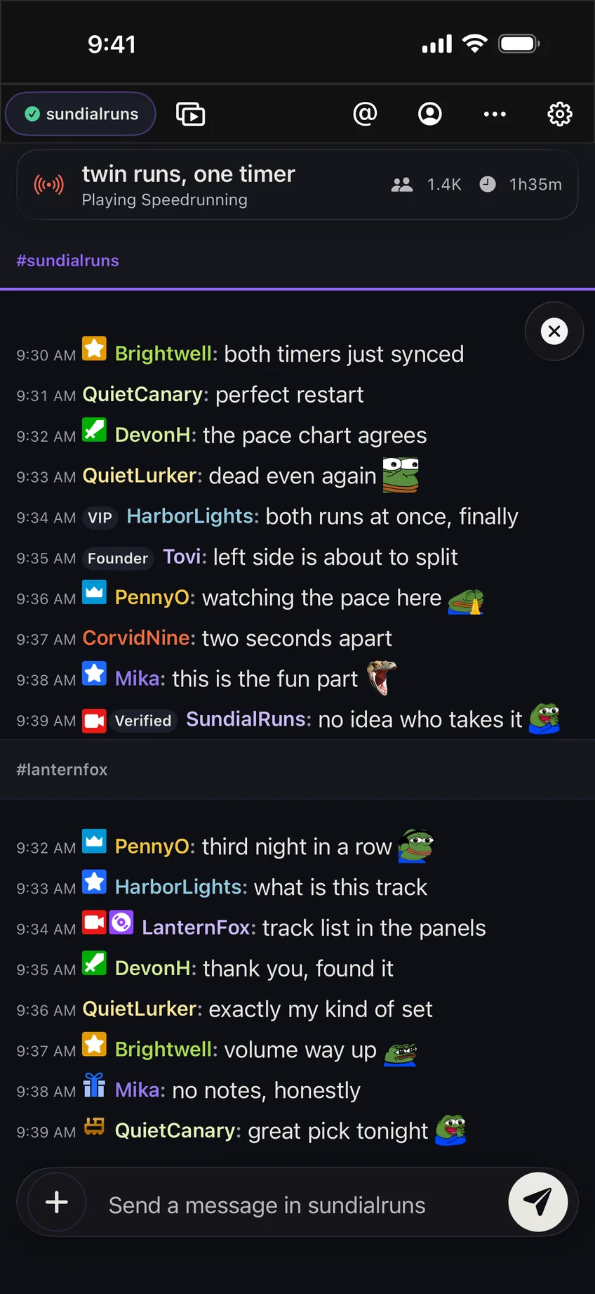 Two channels stacked on one screen: race commentary in sundialruns above music chat in lanternfox, each with its own emotes and badges