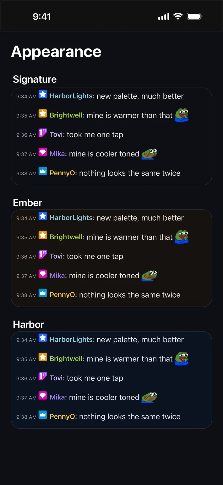 The Appearance screen showing the same five chat messages under the Signature, Ember and Harbor palettes